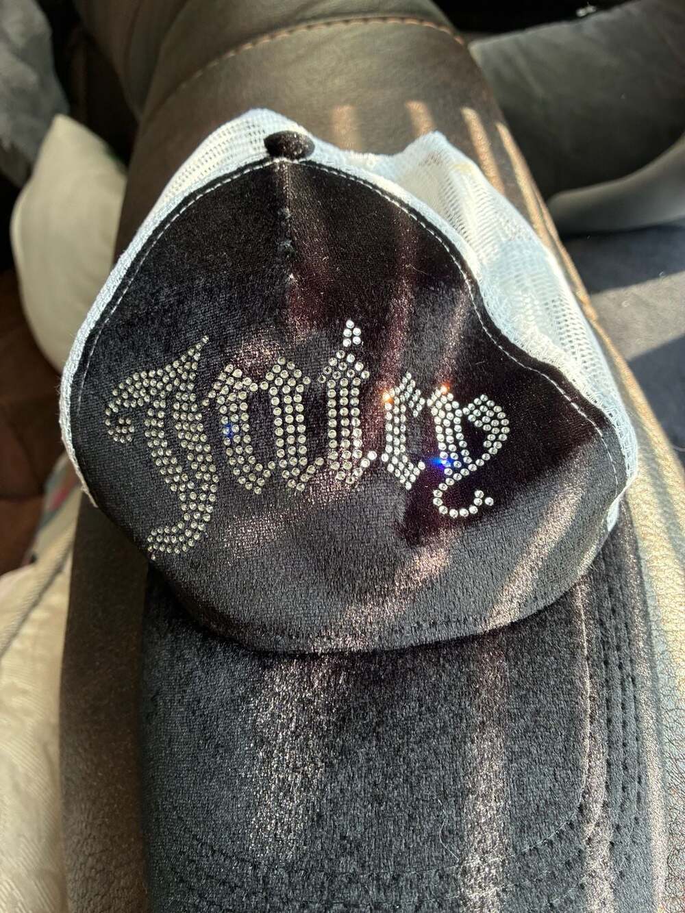 Juicy Couture Black Velvet Rhinestone Bedazzled Trucker Hat